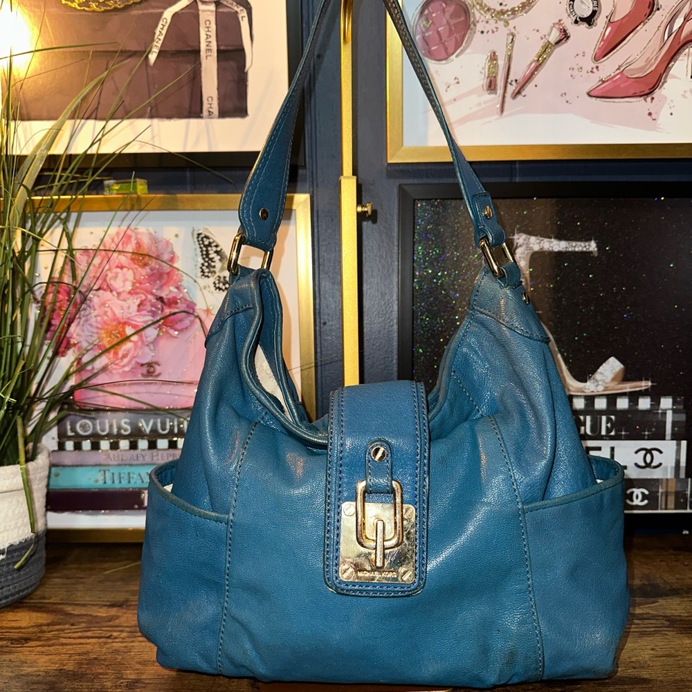 MICHAEL KORS Teal Leather Buckle Shoulder Tote